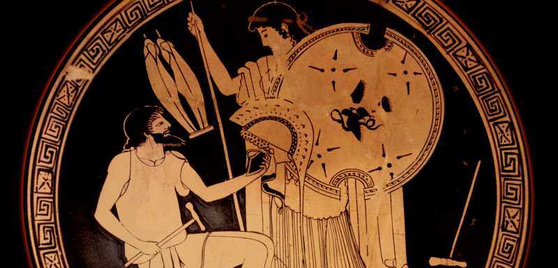 Der Gott des Feuers und der Schmiedekunst, Hephaistos präsentiert Achilles Rüstung an Thetis.